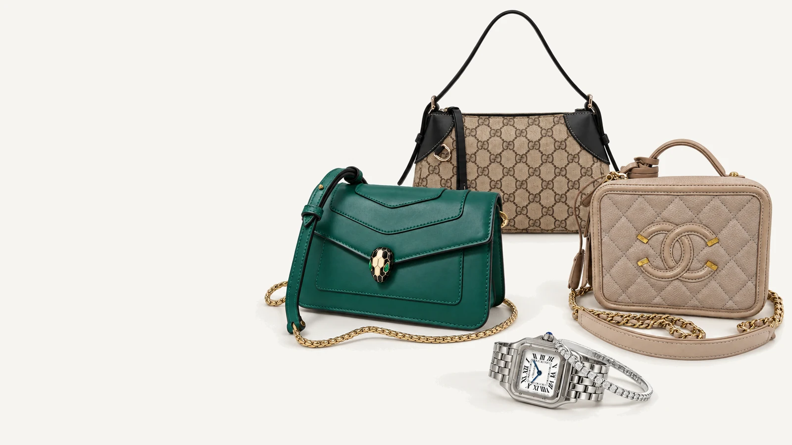Bolsas Chanel, Gucci e Bvlgari e relógio Cartier da curadoria Amie